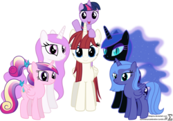 Size: 9960x7000 | Tagged: safe, artist:90sigma, nightmare moon, princess cadance, princess celestia, princess luna, twilight sparkle, oc, oc:fausticorn, alicorn, pony, g4, absurd resolution, filly, filly twilight sparkle, lauren faust, pink-mane celestia, simple background, teen princess cadance, transparent background, twilight sparkle (alicorn), woona, younger