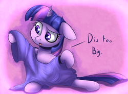 Size: 1024x753 | Tagged: safe, artist:sourspot, artist:verulence, twilight sparkle, pony, unicorn, g4, clothes, collaboration, cute, dialogue, female, open mouth, oversized clothes, oversized shirt, shirt, solo, twiabetes