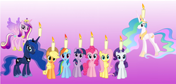 Size: 1497x716 | Tagged: safe, applejack, fluttershy, pinkie pie, princess cadance, princess celestia, princess luna, rainbow dash, rarity, twilight sparkle, alicorn, pony, g4, candle, female, hanukkah, line-up, mane six, mare, menorah, simple background, twilight sparkle (alicorn)