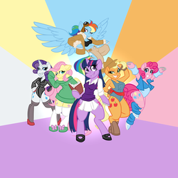 Size: 4000x4000 | Tagged: safe, artist:alexdealey, applejack, fluttershy, pinkie pie, rainbow dash, rarity, twilight sparkle, anthro, semi-anthro, unguligrade anthro, g4, arm hooves, belly button, bomber jacket, boots, clothes, flight suit, goggles, hoof polish, horseshoes, leg warmers, leotard, mane six, midriff, overalls, panties, pinstripes, schoolgirl, shoes, sports bra, stockings, sweater, sweater vest, sweatershy, underwear, white underwear
