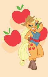 Size: 1982x3155 | Tagged: safe, artist:alexdealey, applejack, earth pony, anthro, semi-anthro, unguligrade anthro, g4, arm hooves, boots, clothes, female, horseshoes, overalls, solo