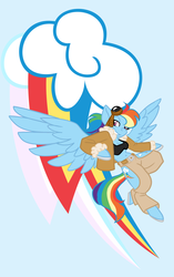 Size: 1982x3155 | Tagged: safe, artist:alexdealey, rainbow dash, anthro, semi-anthro, unguligrade anthro, g4, arm hooves, belly button, bomber jacket, chaps, clothes, female, goggles, horseshoes, midriff, solo