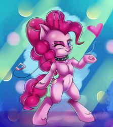 Size: 2672x3000 | Tagged: safe, artist:discorded, pinkie pie, earth pony, pony, semi-anthro, g4, belly, belly button, bipedal, chest fluff, female, fluffy, high res, leash, shoulder fluff, solo, underhoof, unshorn fetlocks, wink