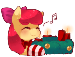 Size: 800x600 | Tagged: safe, artist:loyaldis, apple bloom, earth pony, pony, g4, advent wreath, blushing, candle, christmas, clothes, eyebrows, eyebrows visible through hair, eyes closed, female, filly, foal, music notes, neck bow, simple background, smiling, socks, solo, striped socks, transparent background, wreath