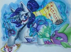 Size: 1239x918 | Tagged: safe, artist:goldenrainynight, rarity, spike, g4, blushing, female, fire, fire breath, food, male, ship:sparity, shipping, straight, tea, traditional art