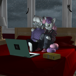 Size: 2500x2500 | Tagged: safe, artist:tahublade7, silver spoon, sweetie belle, anthro, plantigrade anthro, g4, 3d, bed, box, clothes, computer, crackers, daz studio, feet, female, food, high res, hug, laptop computer, lesbian, overalls, pants, ship:silverbelle, shipping, snow, snowfall, socks, sweater