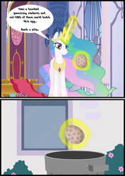 Size: 790x1117 | Tagged: safe, artist:bbbhuey, princess celestia, alicorn, pony, g4, the cutie re-mark, bad end, egg, female, glowing, glowing horn, horn, into the trash it goes, magic, mare, sad, solo, spike's egg, telekinesis, trash, trash can
