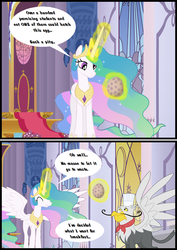 Size: 790x1117 | Tagged: safe, artist:bbbhuey, gustave le grande, princess celestia, alicorn, griffon, pony, g4, the cutie re-mark, bad end, canterlot throne room, comic, dark comedy, dragon egg, duo, egg, female, glowing, glowing horn, horn, implied spike, magic, magic aura, male, mare, speech bubble, spike's egg, telekinesis, this will end in death, this will end in tears and/or breakfast