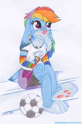 Size: 900x1361 | Tagged: safe, artist:foxxy-arts, rainbow dash, rabbit, anthro, g4, arm warmers, bunnified, clothes, equestria girls outfit, female, football, rabbit dash, solo, species swap, traditional art