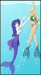 Size: 2024x3685 | Tagged: safe, artist:physicrodrigo, part of a set, applejack, rarity, angler fish, human, mermaid, series:equestria mermaids, equestria girls, g4, armpits, belly button, bikini, blue underwear, breasts, bubble, busty applejack, busty rarity, clothes, dress, duo, gills, gritted teeth, hairband, high res, mermaidized, midriff, ocean, open mouth, panties, part of a series, reaching, smiling, species swap, story included, swimsuit, torn clothes, underwater, underwear