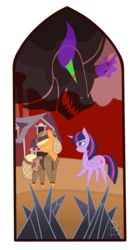 Size: 1800x3219 | Tagged: safe, artist:hfinder, applejack, king sombra, twilight sparkle, alicorn, pony, umbrum, g4, alternate timeline, crystal war timeline, female, mare, twilight sparkle (alicorn)