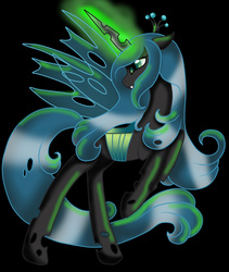 Size: 811x963 | Tagged: safe, artist:nevera573, queen chrysalis, changeling, changeling queen, g4, black background, crown, female, glowing, glowing horn, horn, jewelry, magic, regalia, simple background, solo, transparent wings, wings