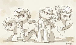 Size: 1157x694 | Tagged: safe, artist:hanada, double diamond, night glider, party favor, sugar belle, g4, backwards cutie mark, clothes, crouching, equal four, grin, monochrome, raised hoof, scarf