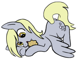 Size: 450x350 | Tagged: safe, artist:jullew0lf, derpy hooves, pegasus, pony, g4, cute, face down ass up, female, food, mare, muffin, nom, open mouth, prone, simple background, smiling, solo, spread wings, transparent background, underhoof