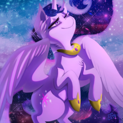 Size: 2000x2000 | Tagged: safe, artist:miss-cats, twilight sparkle, alicorn, pony, g4, ear fluff, ethereal mane, female, flying, high res, horseshoes, mare, older, rearing, smiling, solo, space, twilight sparkle (alicorn)