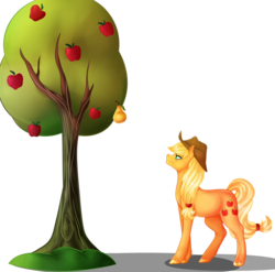 Size: 1024x1012 | Tagged: safe, artist:samandriilrf, applejack, g4, apple tree, female, food, frown, harsher in hindsight, hilarious in hindsight, one of these things is not like the others, pear, sad in hindsight, simple background, solo, suspicious, that pony sure does hate pears, transparent background, tree, unshorn fetlocks