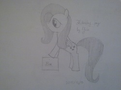 Size: 882x661 | Tagged: safe, artist:yatetiemeng, fluttershy, g4, box, female, folded wings, pencil drawing, photo, solo, traditional art