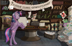 Size: 2500x1611 | Tagged: safe, artist:lucky dragoness, spike, twilight sparkle, alicorn, pony, g4, banner, bipedal, book, bookshelf, buried, desk, female, library, mare, paper, twilight sparkle (alicorn), underhoof