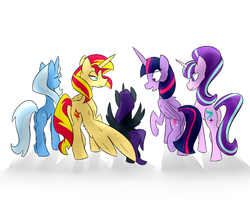 Size: 1000x800 | Tagged: safe, artist:moony-art, starlight glimmer, sunset shimmer, trixie, twilight sparkle, oc, oc:nyx, alicorn, pony, unicorn, g4, alicorn oc, butt, counterparts, eyes closed, lidded eyes, plot, race swap, raised hoof, raised leg, rear view, shimmercorn, simple background, smiling, twilight sparkle (alicorn), twilight's counterparts, white background