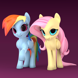 Size: 1080x1080 | Tagged: safe, artist:lightningflame, fluttershy, rainbow dash, pegasus, pony, g4, 3d, cutie mark, duo, female, folded wings, gradient background, looking at you, wings