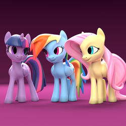 Size: 1080x1080 | Tagged: safe, artist:lightningflame, fluttershy, rainbow dash, twilight sparkle, alicorn, pegasus, pony, g4, 3d, cutie mark, female, folded wings, looking at each other, mare, standing, trio, twilight sparkle (alicorn), wings