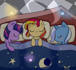 Size: 1344x1240 | Tagged: safe, artist:cloureed, sunset shimmer, trixie, twilight sparkle, pony, unicorn, g4, bed, blanket, fanfic, fanfic art, filly, filly sunset shimmer, filly trixie, filly twilight sparkle, magical trio, nap, sleeping, sleepover, sunsleep shimmer, young, younger