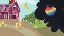 Size: 1366x768 | Tagged: safe, screencap, applejack, granny smith, earth pony, pony, family appreciation day, g4, apple, applejack's house, duo, female, food, jumping, mare, raised hoof, sweet apple acres, zap apple