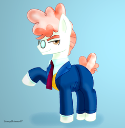 Size: 1062x1090 | Tagged: dead source, safe, artist:a-r-i-a-1997, svengallop, earth pony, pony, g4, blue background, clothes, gradient background, male, raised hoof, simple background, solo, stallion