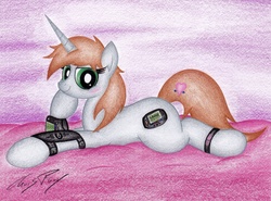 Size: 1024x756 | Tagged: safe, artist:thechrispony, oc, oc only, oc:littlepip, pony, unicorn, fallout equestria, adorasexy, bedroom eyes, blushing, cute, fanfic, fanfic art, female, hooves, horn, looking at you, mare, pipbuck, prone, seductive, sexy, smiling, solo, traditional art