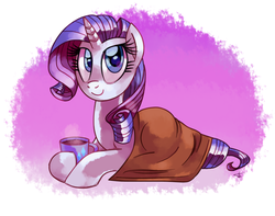 Size: 2000x1578 | Tagged: safe, artist:lightof-dawn, rarity, pony, unicorn, g4, blanket, coffee, cute, female, food, mare, mug, prone, raribetes, smiling, solo, style emulation, whitediamonds-ish