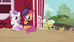 Size: 1366x768 | Tagged: safe, screencap, applejack, granny smith, scootaloo, sweetie belle, family appreciation day, g4, bellhop, clothes