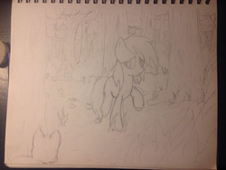 Size: 1280x960 | Tagged: safe, artist:mranthony2, oc, oc only, oc:lemon bounce, cat, bush, everfree forest, grass, monochrome, mud, muddy hooves, scared, scenery, solo, traditional art, tree, walking, worried