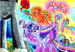 Size: 2338x1644 | Tagged: safe, artist:seriousdog, applejack, discord, fluttershy, lord tirek, pinkie pie, rainbow dash, rarity, spike, twilight sparkle, alicorn, pony, g4, female, mane seven, mane six, mare, rainbow power, traditional art, twilight sparkle (alicorn)