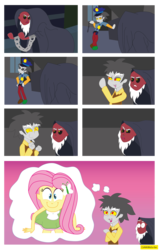 Size: 2601x4099 | Tagged: safe, artist:conikiblasu-fan, discord, fluttershy, lord tirek, equestria girls, g4, twilight's kingdom, chains, comic, discop, equestria girls interpretation, equestria girls-ified, female, happyshy, male, officer discord, scene interpretation, ship:discoshy, shipping, straight