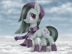 Size: 1600x1200 | Tagged: safe, artist:luminousdazzle, marble pie, earth pony, pony, g4, beanie, boots, clothes, cute, female, hat, mare, scarf, solo, winter, winter outfit