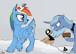Size: 1280x905 | Tagged: safe, artist:silfoe, princess luna, rainbow dash, canada goose, deer, goose, pony, reindeer, royal sketchbook, g4, spoiler:comic, spoiler:comicholiday2015, :p, angry, animal, cloven hooves, deerified, frown, fruitcake, glare, gritted teeth, hoof hold, horns, raised hoof, reindeer dash, reindeerified, s1 luna, smiling, species swap, tongue out