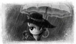 Size: 800x463 | Tagged: safe, artist:hewison, rarity, g4, black and white, detective, detective rarity, female, grayscale, noir, overcoat, rain, solo, umbrella