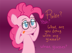 Size: 2017x1469 | Tagged: safe, artist:iwuvda3nd3rmanz, pinkie pie, earth pony, pony, g4, dialogue, female, glasses, question, silly, silly pony, solo, tongue out