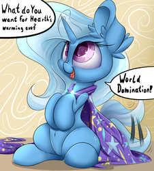 Size: 1400x1550 | Tagged: safe, artist:madacon, trixie, pony, unicorn, g4, abstract background, behaving like a cat, belly button, cute, diatrixes, female, human shoulders, mare, solo, starry eyes, tail wag, tail wiggle, wiggle, world domination