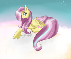 Size: 3000x2500 | Tagged: safe, artist:cat22keke, fluttershy, g4, cloud, female, high res, prone, solo