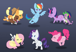 Size: 977x674 | Tagged: safe, artist:black-nocturne, angel bunny, applejack, fluttershy, pinkie pie, rainbow dash, rarity, spike, twilight sparkle, winona, dragon, earth pony, pegasus, pony, unicorn, g4, chibi, female, male, mane seven, mane six, mare, simple background