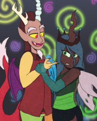 Size: 1024x1283 | Tagged: safe, artist:dietzombiebait, discord, queen chrysalis, human, g4, female, horn, horned humanization, humanized, male, ship:discolis, shipping, straight, watermark, winged humanization