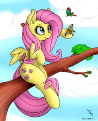 Size: 807x1000 | Tagged: safe, artist:bleff172, artist:dfectivedvice, fluttershy, butterfly, pegasus, pony, g4, female, mare, sitting, sitting in a tree, solo, tree