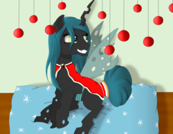 Size: 4500x3500 | Tagged: safe, artist:fia94, queen chrysalis, changeling, changeling queen, g4, cloak, clothes, female, hair bun, hearth's warming eve, smiling, solo