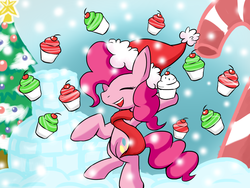 Size: 1024x768 | Tagged: safe, artist:shujiwakahisaa, pinkie pie, g4, candy, candy cane, christmas, christmas tree, cupcake, cute, diapinkes, eyes closed, female, food, hat, hearth's warming eve, holiday, santa hat, snow, snowfall, solo, tree, twelve days of christmas, winter