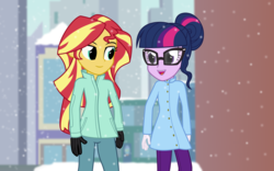 Size: 1200x750 | Tagged: safe, artist:bootsyslickmane, sci-twi, sunset shimmer, twilight sparkle, fanfic:the shadowbolts adventures, equestria girls, g4, my little pony equestria girls: friendship games, alternate clothes, city, clothes, coat, fanfic art, glasses, gloves, looking at each other, smiling, snow, snowfall