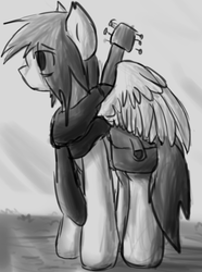 Size: 453x610 | Tagged: safe, artist:candel, oc, oc only, oc:candlelight, pony, black and white, clothes, grayscale, guitar, saddle bag, scarf, solo