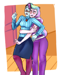 Size: 900x1100 | Tagged: safe, artist:xx-romantique, princess celestia, principal abacus cinch, principal celestia, equestria girls, g4, my little pony equestria girls: friendship games, blushing, cinchlestia, cougar, crack shipping, female, hape, hug, lesbian, paint tool sai, personal space invasion, shipping, stupid sexy cinch, this will end in tears