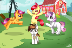 Size: 3000x2000 | Tagged: safe, artist:pillonchou, apple bloom, pipsqueak, scootaloo, sweetie belle, g4, bow, cloud, colt, cutie mark crusaders, female, filly, foal, high res, male, ponyville schoolhouse, school, swingset