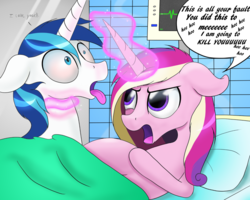 Size: 1024x819 | Tagged: safe, artist:arcuswind, princess cadance, shining armor, alicorn, pony, unicorn, g4, abuse, and that's how flurry heart was made, angry, betrayal, birth, birthing, choking, contractions, death threat, duo, epidural, female, heavy breathing, implied flurry heart, implied good clean married sex, implied sex, labor, magic aura, male, mare, not laughing, pillow, pregdance, pregnant, princess bitchdance, shiningabuse, stallion, strangling, tongue out, why you little, you did this to me